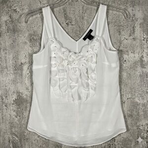 WHBM Ruffle And Rosette Rhinestone Embellished Formal Business White Tank Top S